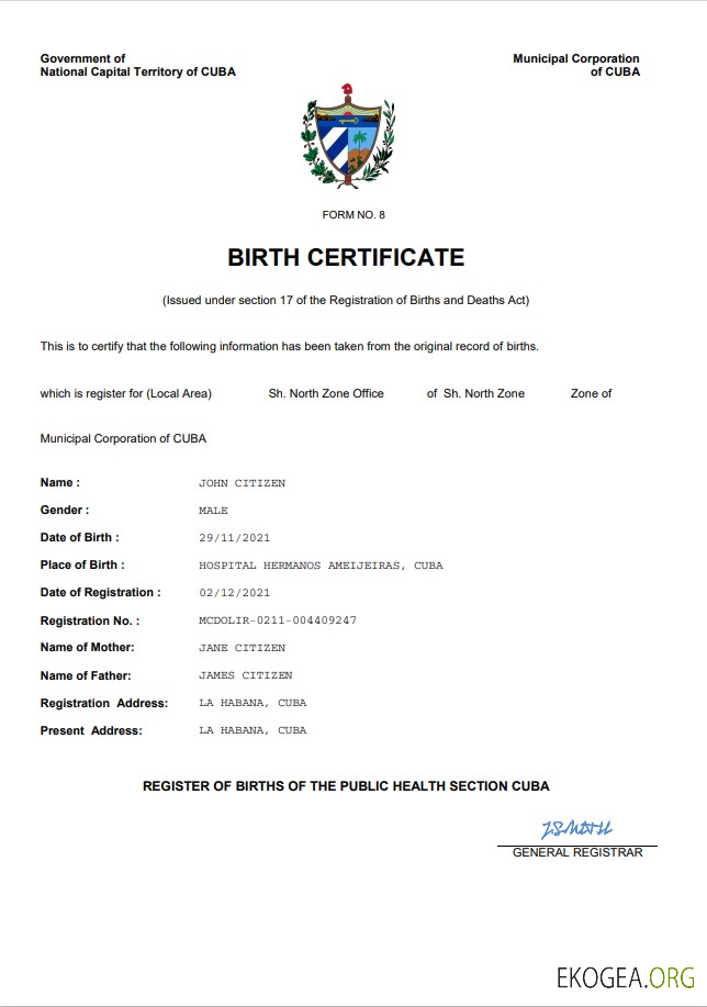 Modèle Word et PDF d'acte de naissance d'acte d'état civil à Cuba